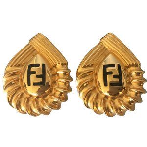 Fendi Signed Art Deco Logo Black Enamel Large Teardrop Earrings 18KGold Plated